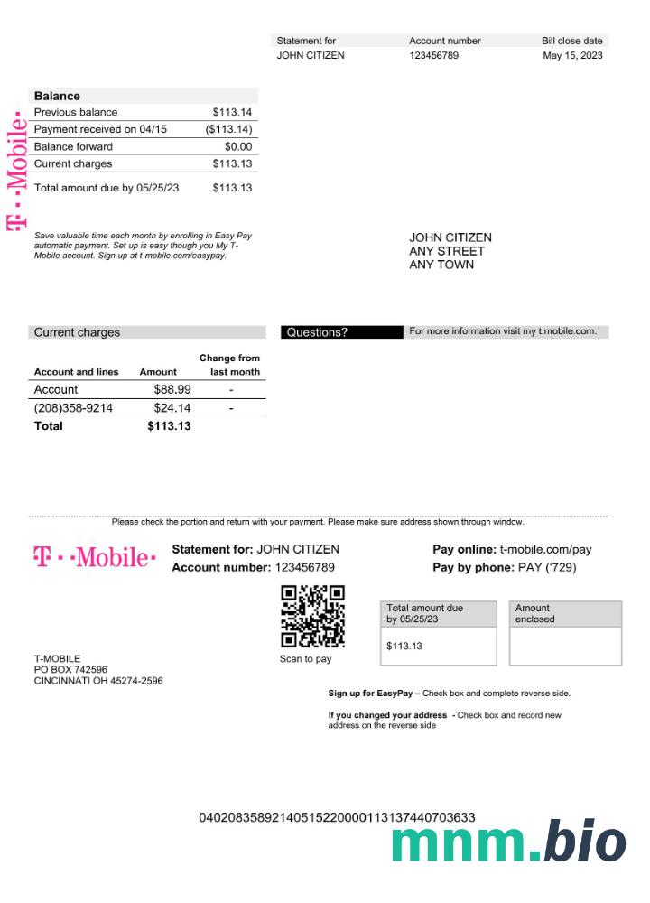 USA T-Mobile rachunek za media Word i PDF template (1)